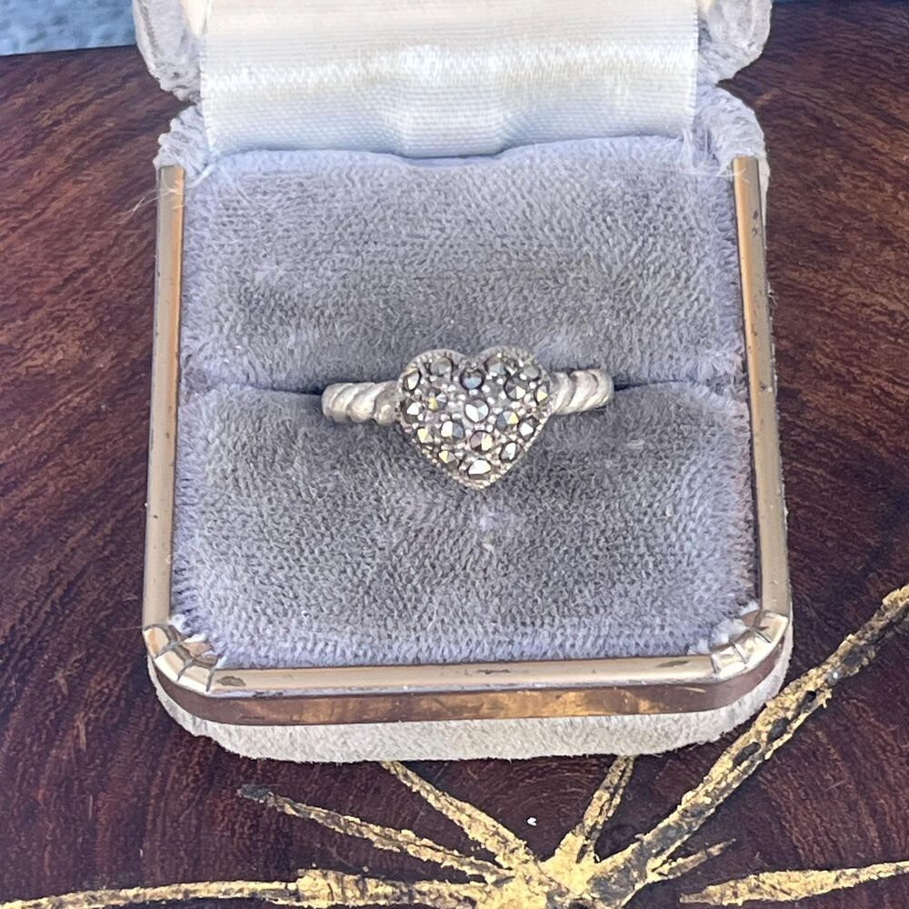 Vintage Marcasite Heart Ring Size 7 Sterling Silver
